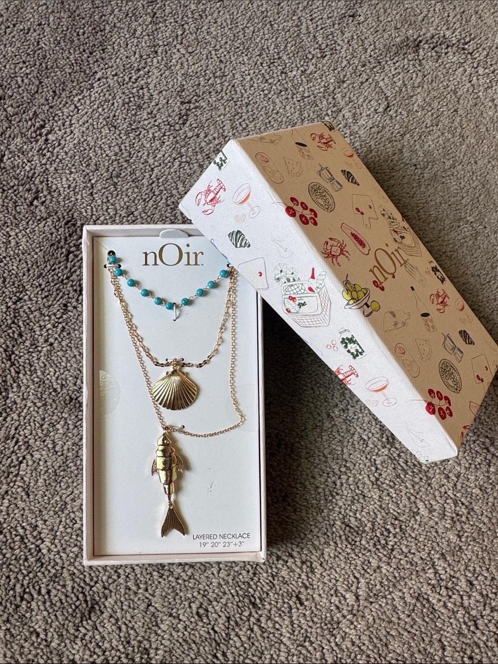 nOir Jewelry Gold Tone Layered Fish Seashell Turquoise Necklace